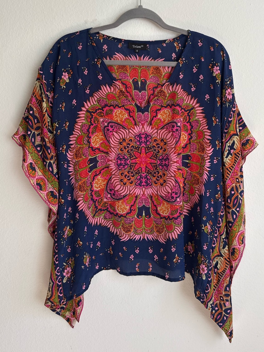 Tolani 100% Silk Boho Floral Mandala Kaftan Blouse Navy Pink S